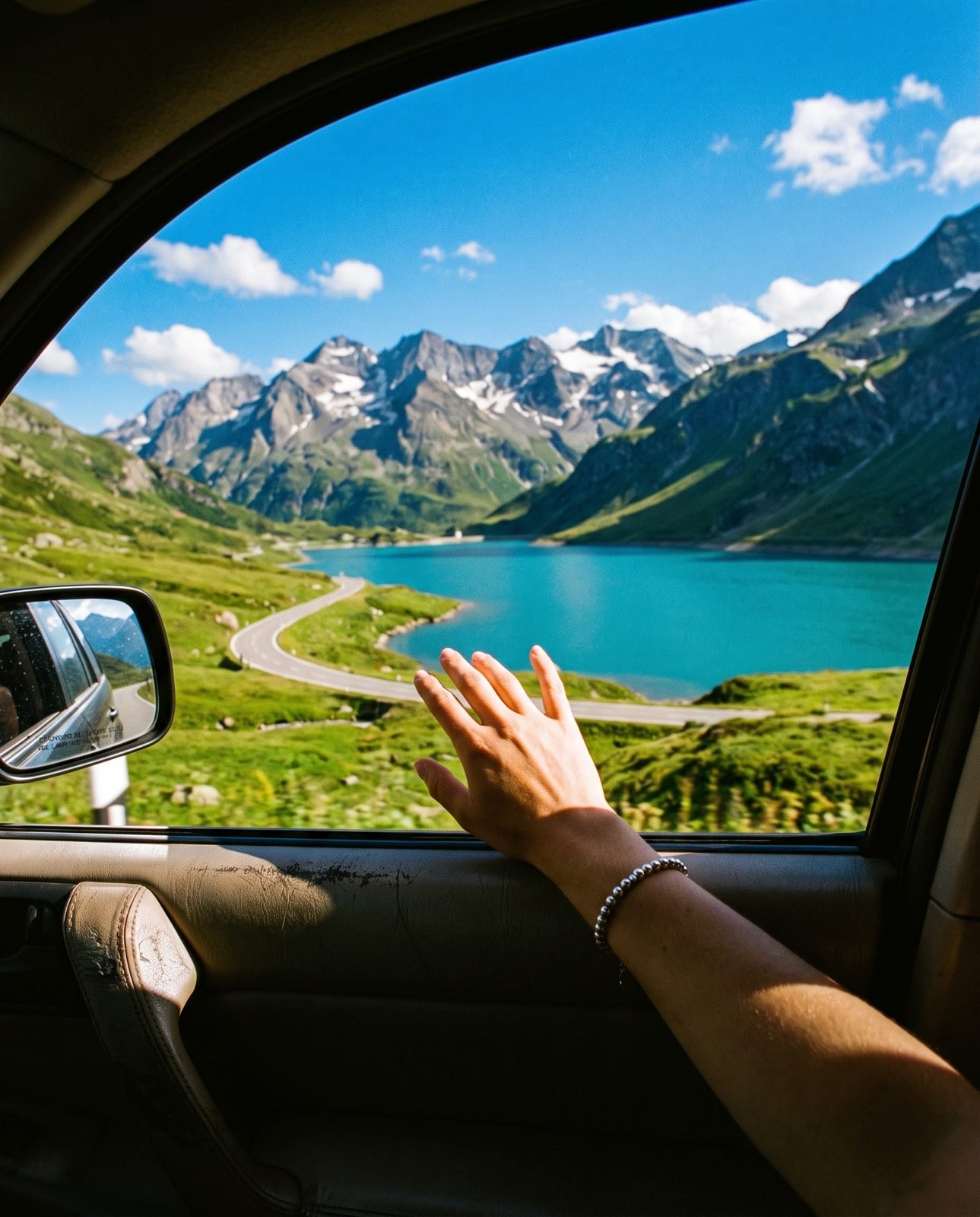 A hand out of a car window by a turquoise alpine lake