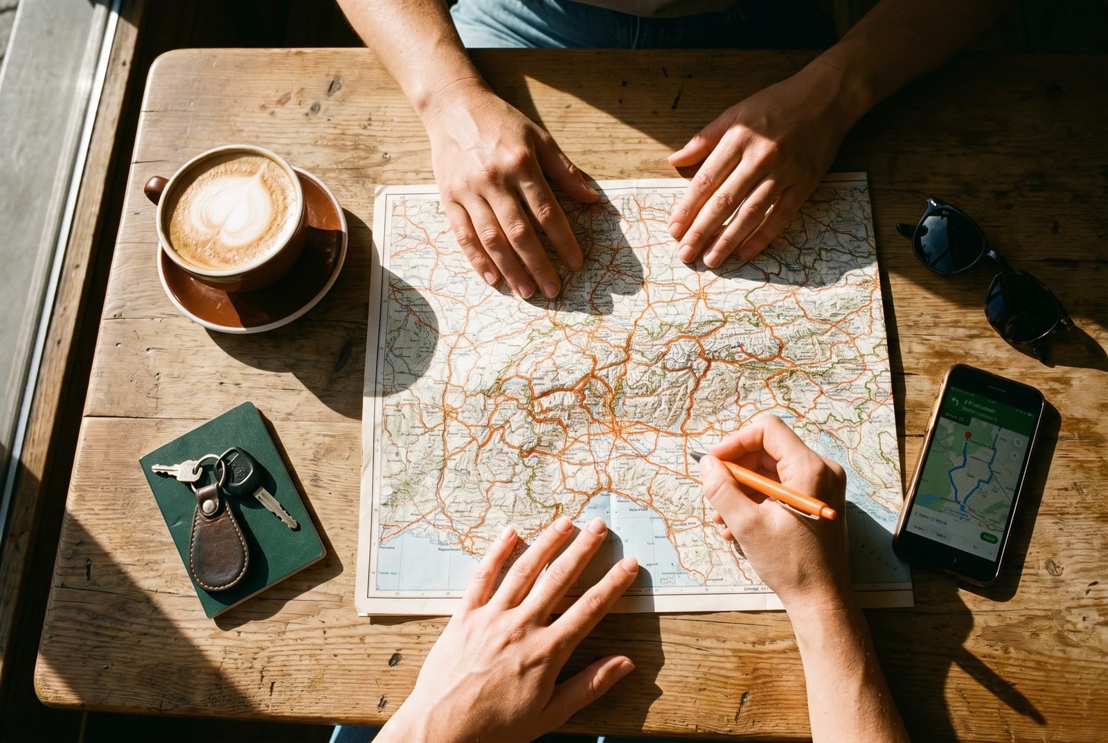 Hands planning a route on a paper map with coffee and a phone