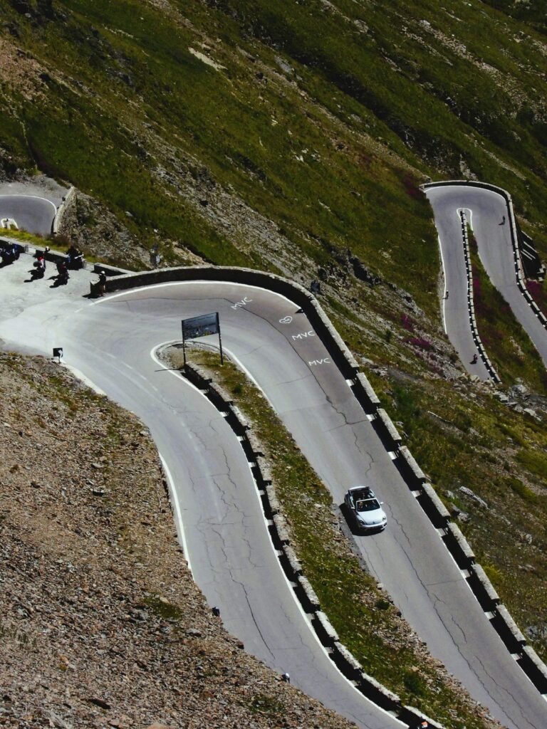 Hairpin mountain road from above
